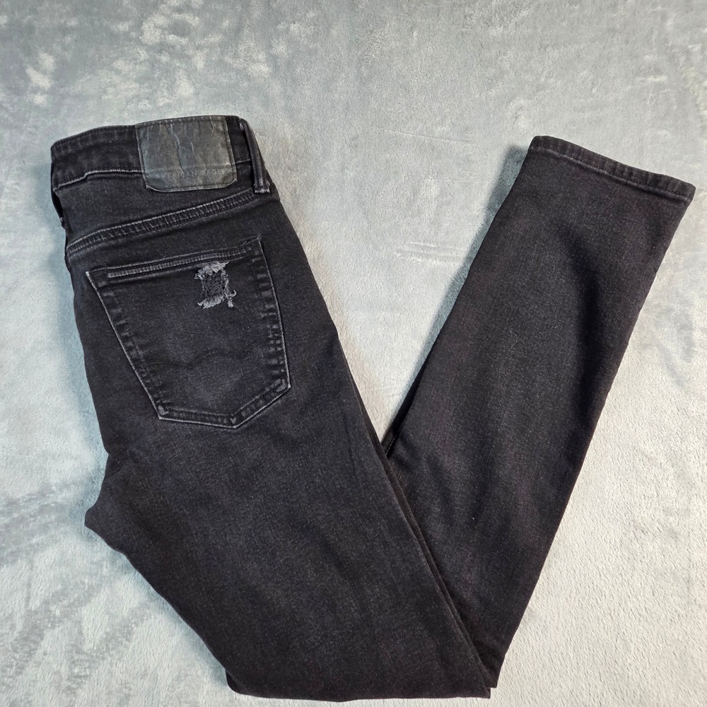 American Eagle Airflex+ Jeans Mens 28x31 Black Excellent Distressed Patched Slim